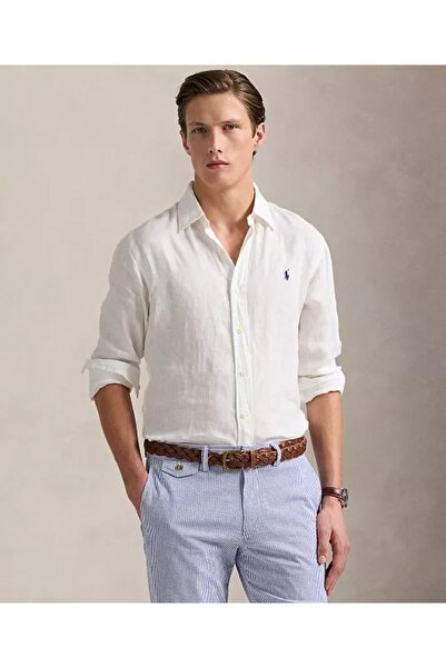 Ralph Lauren Blue Pony Embroidered Special Cut Linen Shirt