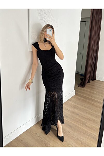 Moda Days Women's Black Lace Detailed Off-The-Shoulder Asymmetrical Cut Long ...
