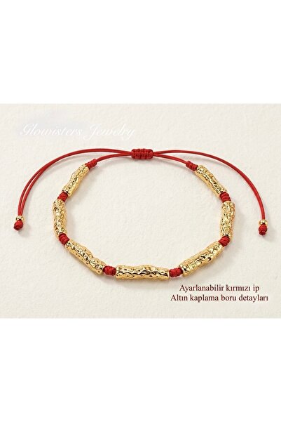 Glowisters Jewelry Kırmızı İpli Altın Kaplama Boru Detaylı Ayarlanabilir İp B...
