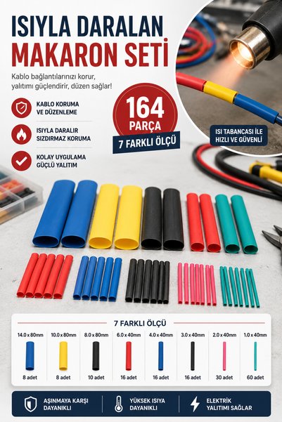 ALL FAST 164 Parça Renkli Isı ile Daralan Makaron Seti Kablo Yalıtım İzolasyon ve Koruma Kiti