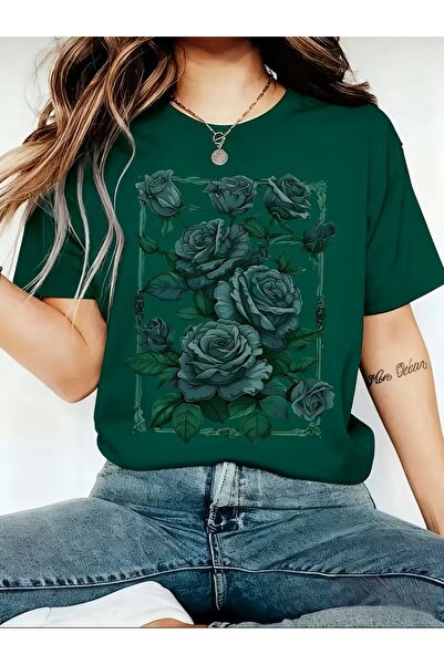 l'eivor T-Shirt Color Matching Floral Frame Printed Cotton Women's T-Shirt