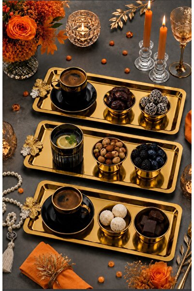LOVELLO Gold Stainless Steel Set of 6 Gold Coffee Presentation Trays Rectangu...