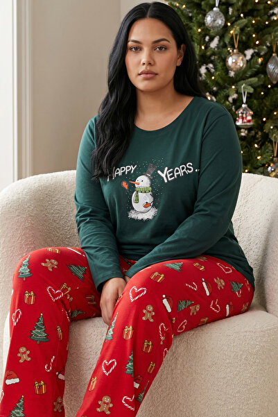 Siyah İnci Green Christmas Themed Cotton Lycra Large Size Oversized Knitted P...