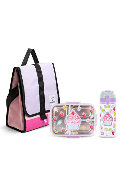 Eazy Kids 800ml Lunch Box with 500ml Water Bottle & Pink Lunch Bag - Purple