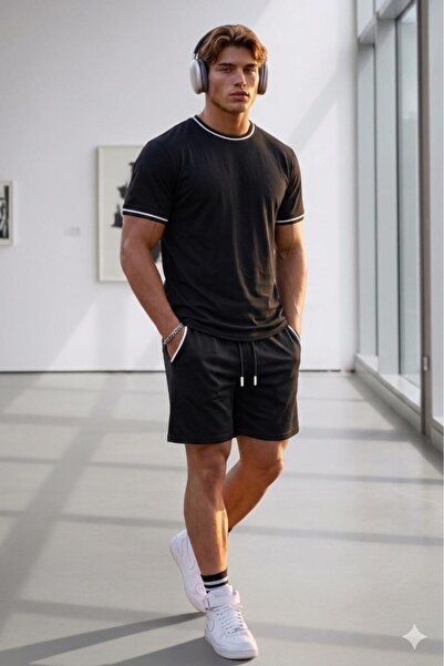 stg spor toptan giyim Men's Black-White Ribbed Lisbon Cotton Crew Neck Shorts...