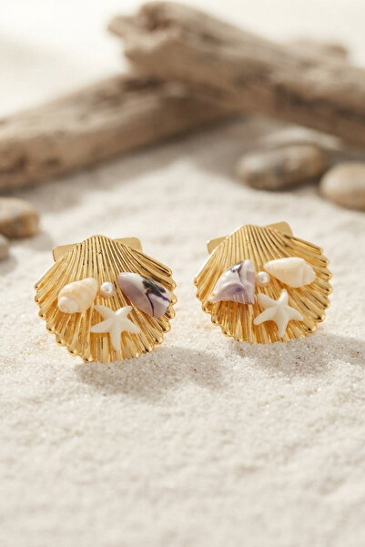 Mega Bazaar Gold Color Shell Earrings with Starfish and Purple Stone Detail