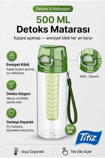 Titiz Detox Lockable Lid Polycarbonate Water Bottle with Filter 500 ml