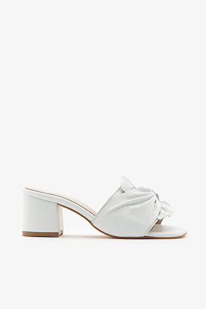 SAYL White Genuine Leather Women's Heeled Slippers with Bow Detail