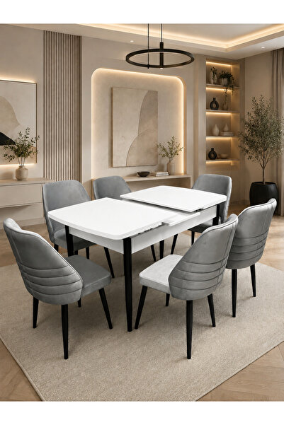 Concept Ayz Home Myosotis Serisi 6 Kişilik A.Gri Kumaş Beyaz MDF Açılır Yemek...