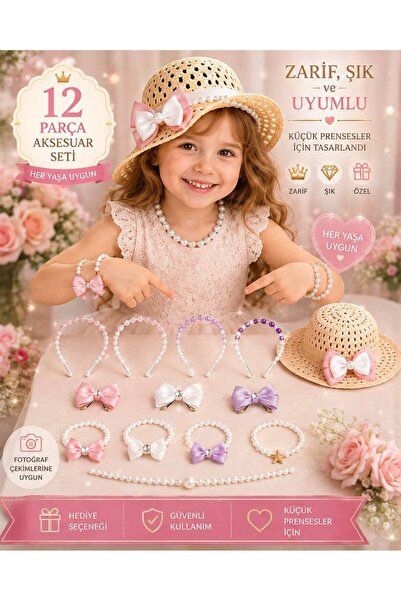 KADİR BABA Girl's 12-Piece Accessory Set Straw Hat Pearl Crown Bow Hair Clip ...