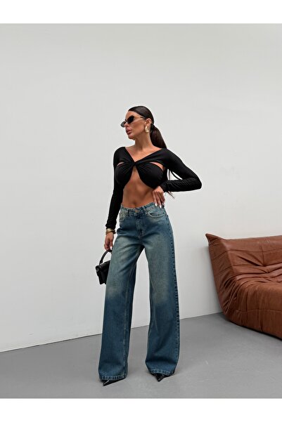 KENE JEANS Pantaloni de damă cu croială largă, talie înaltă, stil palazzo, di...
