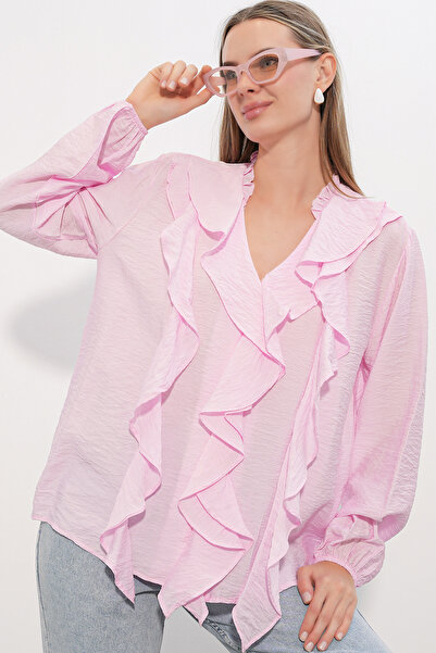 Bigdart Women's Ruffle Detailed Long Sleeve Shirt 40031 - Pink