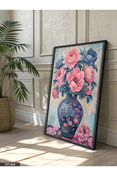 Evinemoda Pink Flower in Blue Vase One Piece Wooden Framed Painting