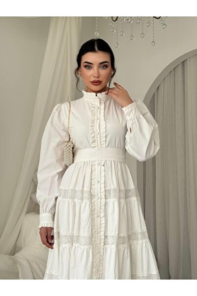 Moda Days Women's Ecru Midi Dress with Stand Collar, Ruffle Detail, Belted, B...