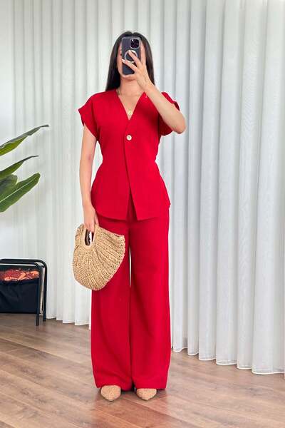 Moda Days Women's Red Top and Bottom Set Linen Two-Piece Set Single Button V-...