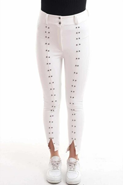 Moda Days Women's White Faux Leather Stone Embellished High Waist Slit Tight ...