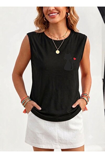 FUFLUNS Hearted Cat Printed Women's Regular Fit Crew Neck Sports Sleeveless T...