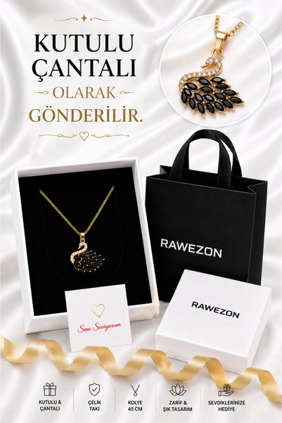 RAWEZON Gift Konspet Steel Gold Black Stone Swan Necklace Gift Set |   Gift for Lover, Gift for Woman, Necklace with Gift Box and Bag