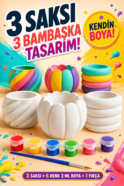 devhome Kendin Boya 3’lü Saksı Seti – Çocuk DIY Boyama ve Hobi Etkinlik Seti,...