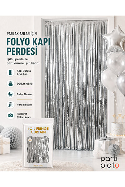 Parti Plato Metalik Gümüş Folyo Kapı Perdesi 100x200 cm Parti Doğum Günü Süsü...