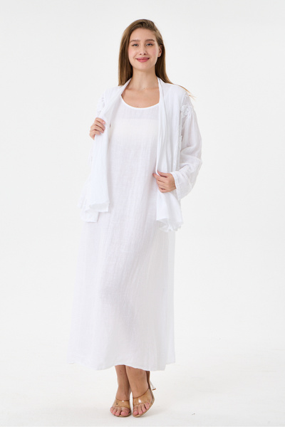 della moor White Italian 100% Linen Embroidered Mesh Jacket Linen Suit Size 3...
