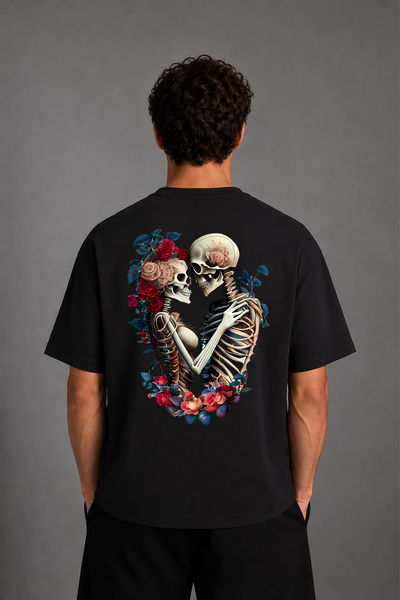 VSRN Tricou oversize negru cu imprimeu pe spate Skeleton Love Design