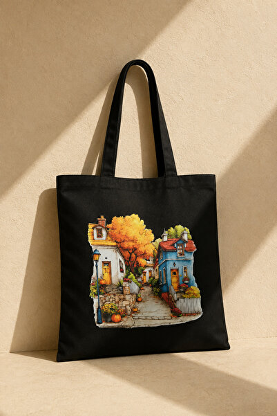 Sonbahar Sokağı Baskılı Siyah Gabardin Bez Çanta 35x40 cm %100 Pamuk Uzun Saplı Omuz Çantası