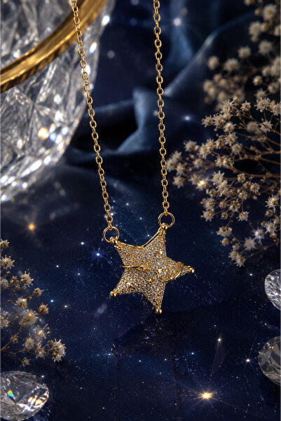 Sylvera Shop Sparkling Stone Starfish Steel Necklace (Gold Color)