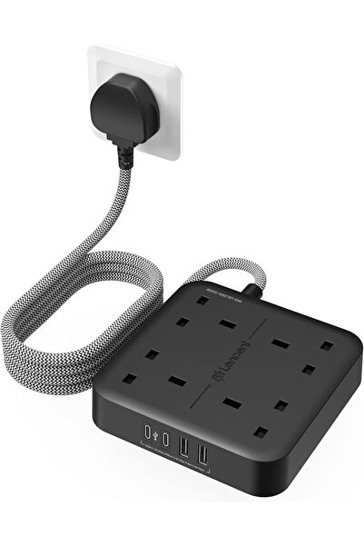 LENCENT وصلة تمديد كهربائية مع منفذ USB-C، شريط طاقة بـ 4 مخارج |   4 منافذ U...