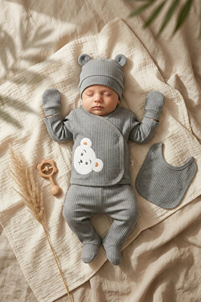 Babydonat Sage Gray Teddy Bear Embroidered Baby Boy Ribbed Cotton 5-Piece New...