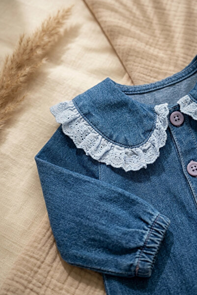 Babydonat Kız Bebek Vintage Dantel Yaka Pamuklu Kot Tulum - Şık İşlemeli Bebe Yaka Denim Bebek Giyim