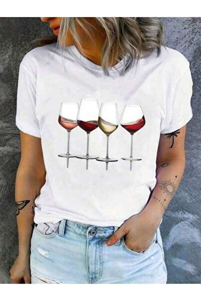 23ERVA 1pc Women's Clothing Wine Glasses Print White T Shirt,Graphic Tees Wom...