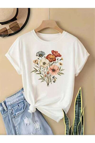 23ERVA Floral Print, Women's Botanical Design, Pure Cotton T-Shirt, Summer We...