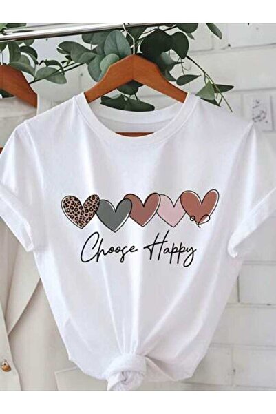 23ERVA Women's Choose Happy Hearts Design, Pure Cotton T-Shirt, Casual Summer...