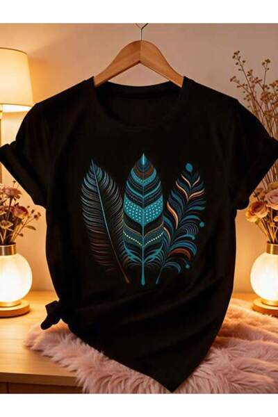 2BIR Feather Pattern, Women's Boho Design, Pure Cotton T-Shirt, Spring Summer...