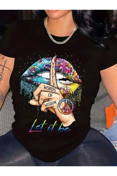 4Car Women's Casual T-Shirt - Colorful Lips & Peace Symbol Design With "Words...