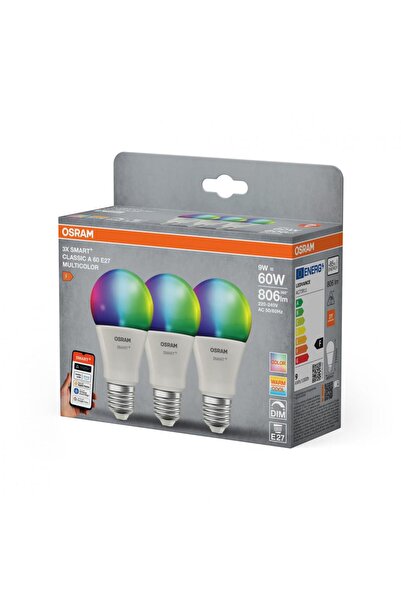 Osram Becuri LED RGB SMART+ Matter WiFi, E27, 9W, 806lm, Pachet de 3