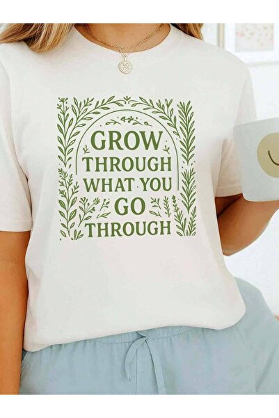 2BIR Women T-Shirt White With Green Leaf Wreath Grow What You Go Through Moti...
