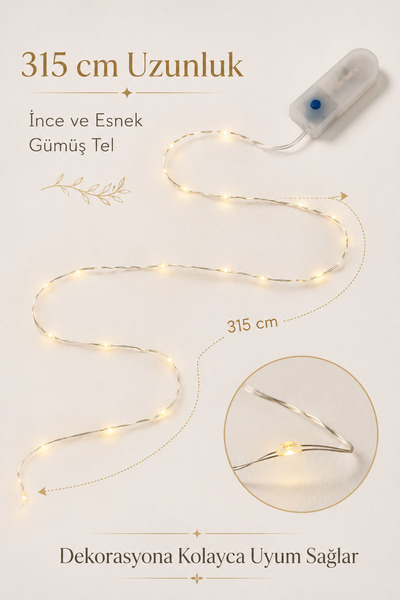 ALFAGİFT 12 Adet 315 cm Pilli Peri LED Sıcak Sarı Işık 2 Modlu Esnek Gümüş Tel Dekoratif Perde ED Aydınlatma