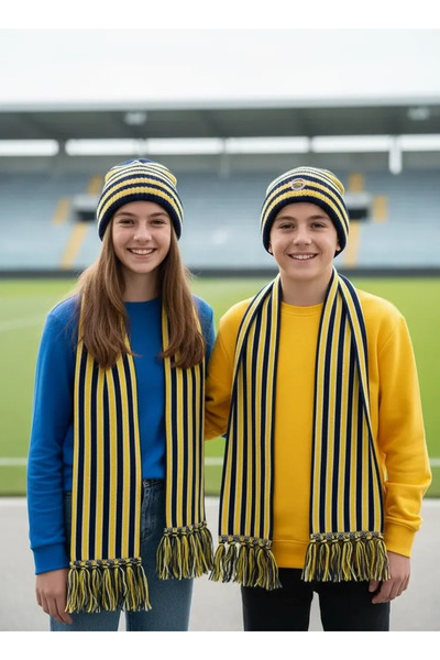 Mariposa Secret Fan Scarf Beanie Yellow Navy Blue