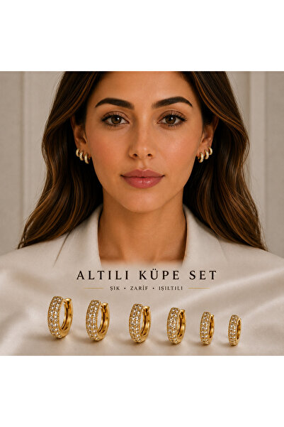 Vip Taşlı Gold Altılı Set Halka Küpe