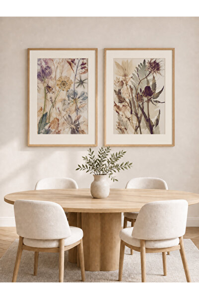 Gepetto Wood Çerçeveli 2'li Set Botanik Duvar Tablosu Modern Çiçek Desenli