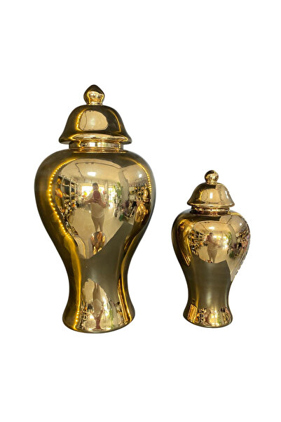 Gold Altın Rengi Parlak Kapaklı Dekoratif Küp Vazo Seti - Modern Salon Aksesuarı