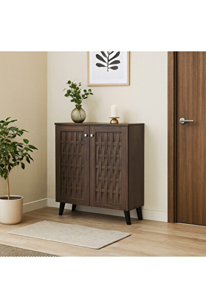 Bec4 Modern Woven Design 2 Door Wooden Shoe Cabinet