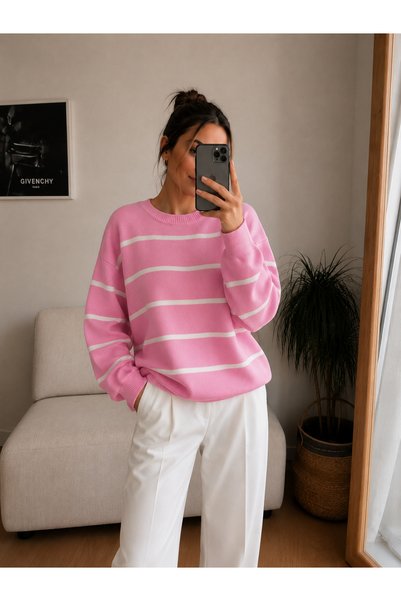OTAKU Kadın Salaş Çizgili Triko Kazak Oversize Modern ve Şık Kışlık
