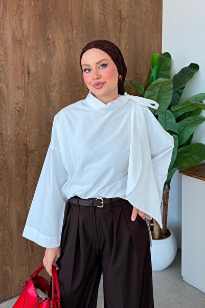 Hazamoda İkra Stand Collar Shirt White