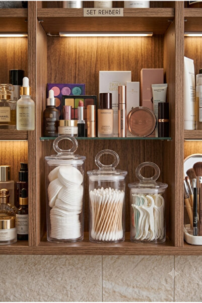 İndecor Houseware 3'lü Şeffaf Banyo Düzenleyici Saklama Kabı Seti | Kapaklı Pamukluk Organizeri | Makyaj Pamuğu, Diş İpi, Kulak Pamuğu ve Pamuk Saklama Kabı