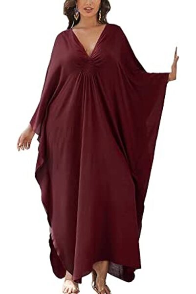 YouKD Women's Solid Color Bohemian Kaftan Dress Beach Cover Ups Plus Size Bat...