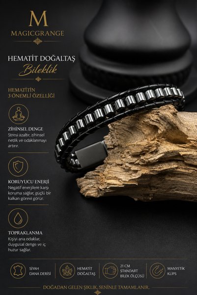 magıcgrange Natural Hematite Stone & Real Calfskin Handmade Bracelet – with Magnetic Clasp • “Ilke” Series • Black/Burgundy/Coffee/Green/Bronze/Blue