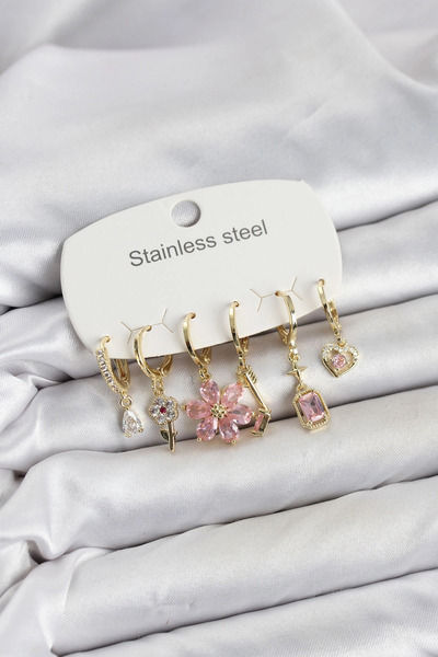 SORA GROUP 316L Steel Gold Color Pink Zircon Stone Lotus Detailed Women's Ear...